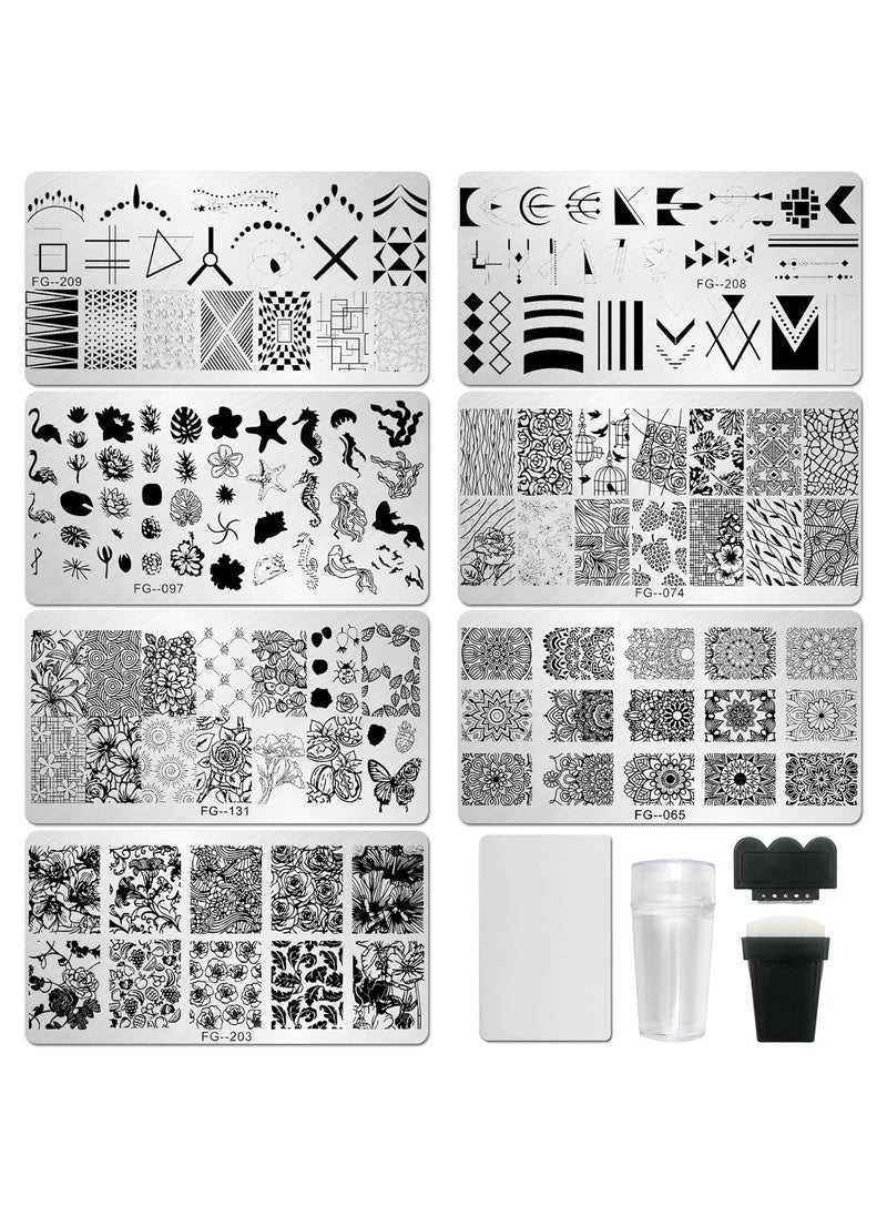 AddFavor Nail Stamper Kit 7pcs Nail Stamping Plates Flower Geometric Mandala Animal Image Nail Stencils with 2 Stamp and 2 Scraper for Home Salon Manicure Design Supplies Tools
