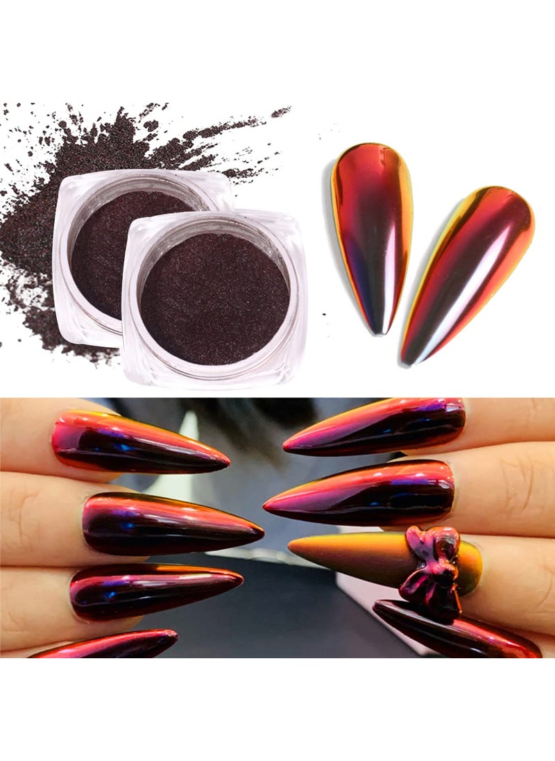 2 Boxes Red Chrome Nail Powder, Red Black Gradient Mirror Effect Aurora Magic Pearlescent Nail Powder Pigment, High Gloss Glitter Nail Art, Holographic Chameleon Dust for Manicure Decoration