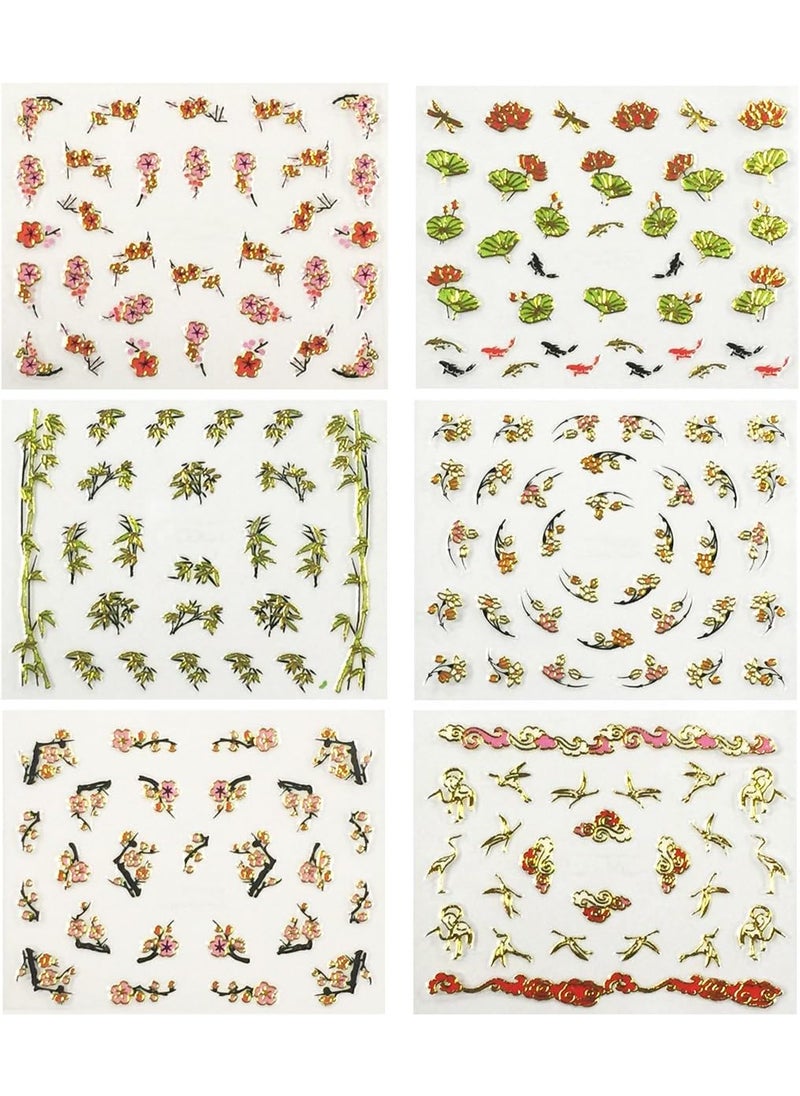 Asian Inspired Nail Art Self-Adhesive Stickers Nail Decals, Set of 6