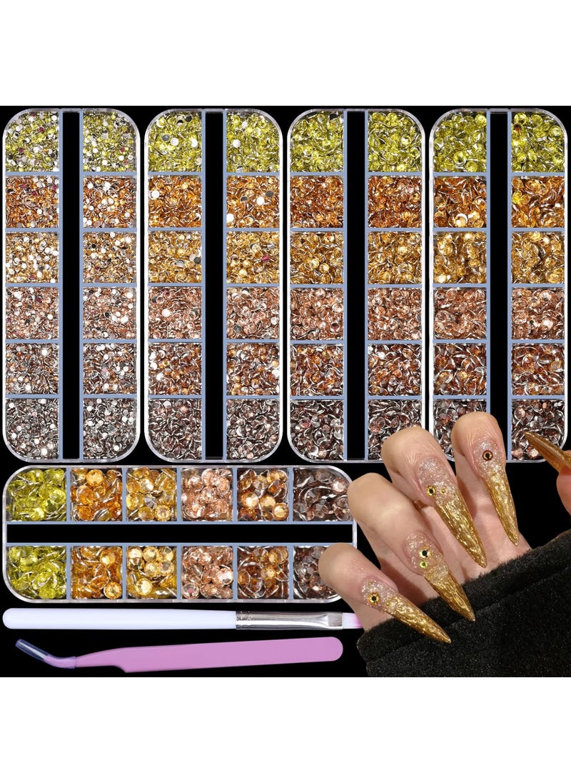 5 Boxes Lemon Yellow Champagne Brown Gold Shiny Colorful Nail Art Rhinestones Nail Stone Gems Design Kit with a Curved Tweezers and a Nail Brush (Yellow)