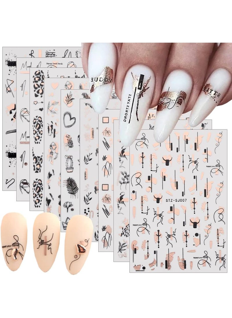 9 Sheets Rose Gold Nail Art Stickers Decal,Nail Supplies Graffiti Fun Nail Foil Decals 3D Self-Adhesive Bronzing Leopard Print Gold Botanical Abstract Line Nail Design for Acrylic Nails Art Decoration
