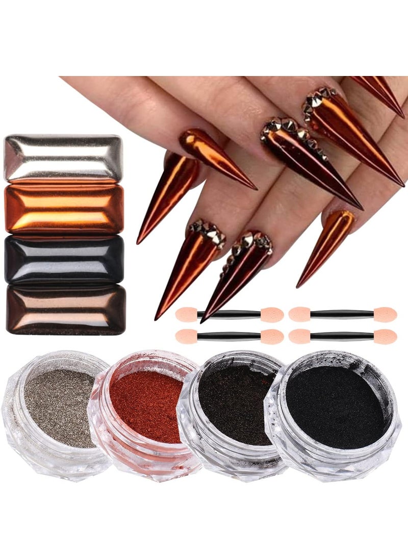 4 Jars Magic Chrome Nail Powder Holographic Metallic Mirror Effect Silver Copper Black Brown Manicure Glitter Pigment Powder for Nails Art Design, Chrome Powder for Gel Nails Decoration with Tools