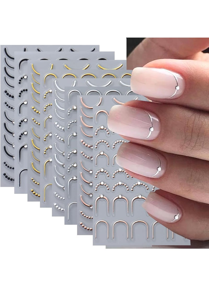 8Pcs French Strip Line Nail Stickers,Metal Stripe Nail Decals Luxury Rhinestone Nail Art Sticker Shiny Metallic Lines Adhesive Nail Supplies Chrome Gold Silver for Nails Decoration Accessories Tools