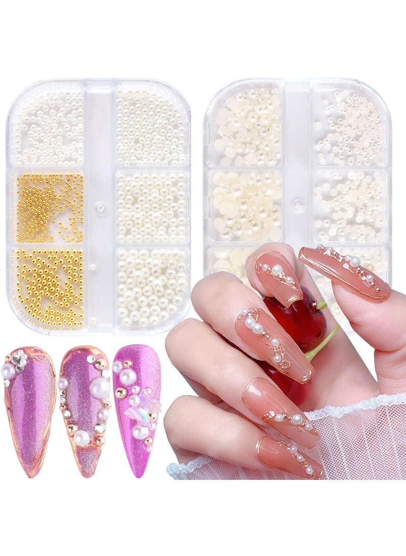 2 Boxes Nail Art Pearls Half Round Pearl & Mini Metal Nail Art Caviar Beads Flatback White AB Half Pearls Nail Art Supplies Luxurious Design Rhinestones Nail Art Accessories Pearls DIY Nail Decoration