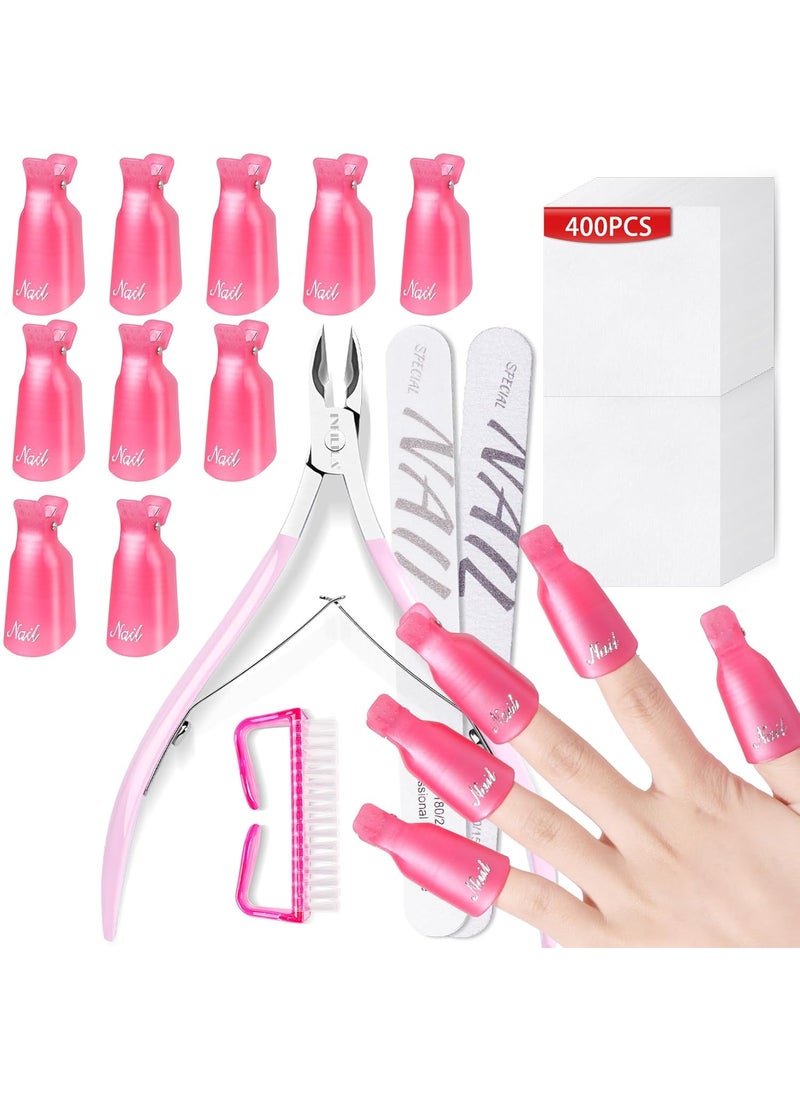 NXJ INFILILA Nail Clips to Remove Gel Polish, Gel Polish Remover Kit with 10Pcs Plastic Resuable Finger and Toe Nail Clips, Cuticle Timmer, 400Pcs Wipes, Files, Brush for Salon Supplies