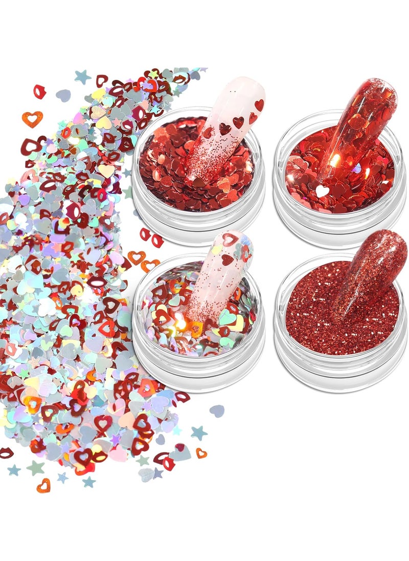 Allstarry Heart Glitter Nail Art Sequins, 4 Colors Holographic Heart Shaped Confetti 3D Red Lip Star Nail Flake for Valentine's Day Decals Face Eyes Decoration DIY Craft - Heartbeat Red Lips