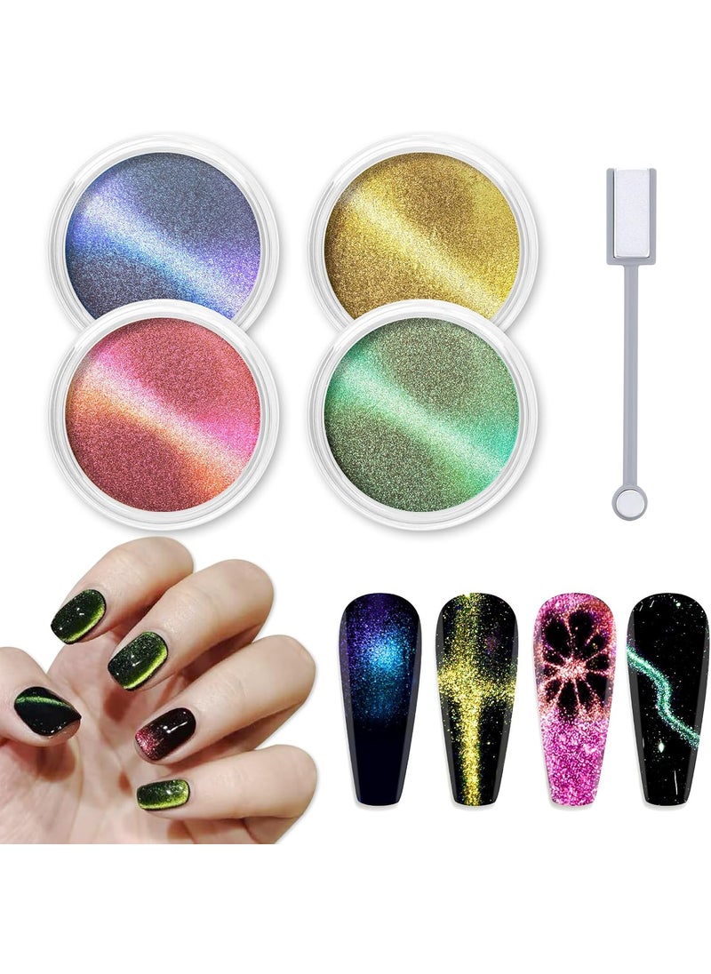 Allstarry Cat Eye Chrome Powder 4 Colors 3D Magnetic Nail Powder Metallic Pigment Galaxy Effect Glitter Resin Pigment with Magnet Pen for Nails Gel Polish Epoxy Slime Acrylic Paint Tumble Crafts
