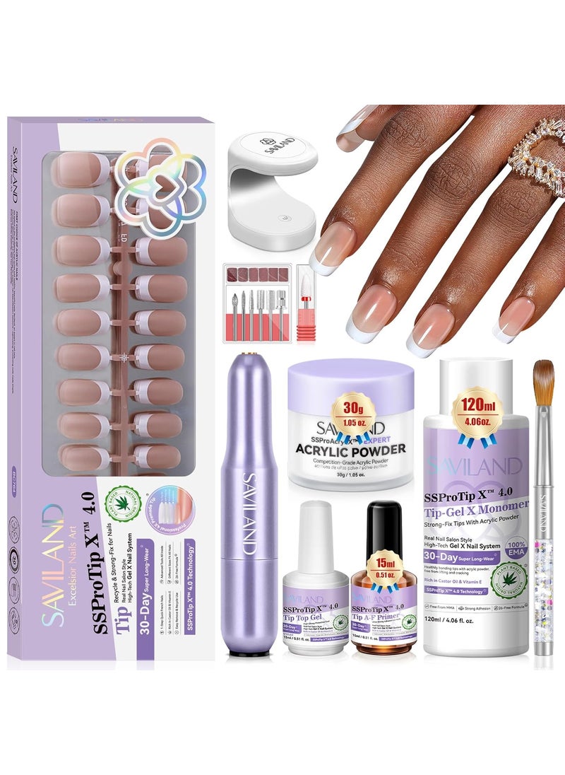 SAVILAND French Tip Acrylic Press On Nails Kit: In-Minute Long Wear & Easy French Acrylic Press-ons & Thick Short Square White Tip 150PCS Pro Acrylic Nail Kit Powder Monomer Liquid 3-Way Salon Gift