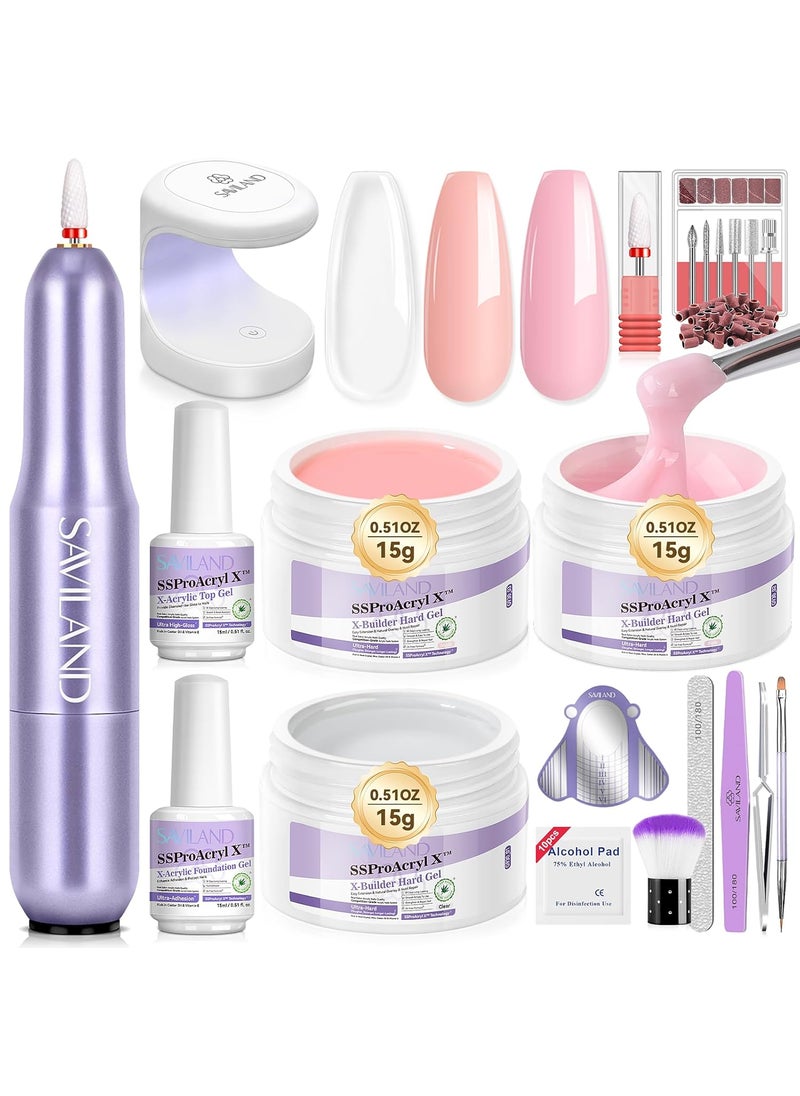 SAVILAND Builder Nail Gel Kit with Nail Drill: Ultra Clear Hard Gel for Nails 3 Pcs 15 g Castor Oil VE Gel Builder for Nails Extension Strengthener with Nail Forms U V Nail Lamp Drill Kit SSProAcryl X