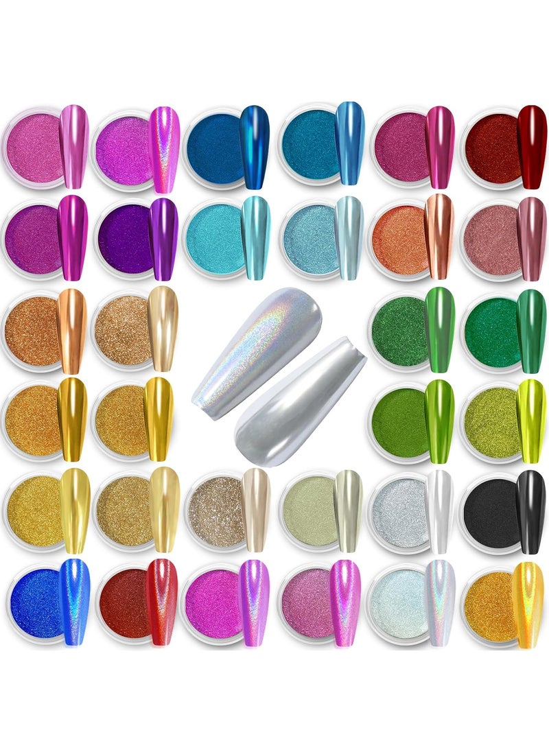 Allstarry Chrome Nail Powder 32 Colors Metallic Mirror Effect Powder Holographic Manicure Pigment Glitter Powder Kit for Nail Art Decoration Gel Polish with 32 Pcs Eyeshadow Sticks