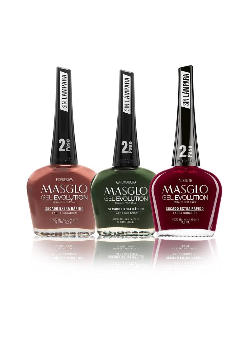 MASGLO Gel Evolution – Set of 3 Nail Polishes No UV/LED Lamp Needed, Fast-Drying, 12-Day Wear, 14-Free Formula, High-Gloss Finish, vegan (0.5 oz Each) h