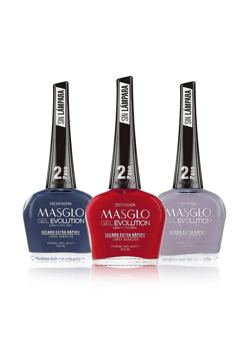 MASGLO Gel Evolution – Set of 3 Nail Polishes No UV/LED Lamp Needed, Fast-Drying, 12-Day Wear, 14-Free Formula, High-Gloss Finish, vegan (0.5 oz Each) h