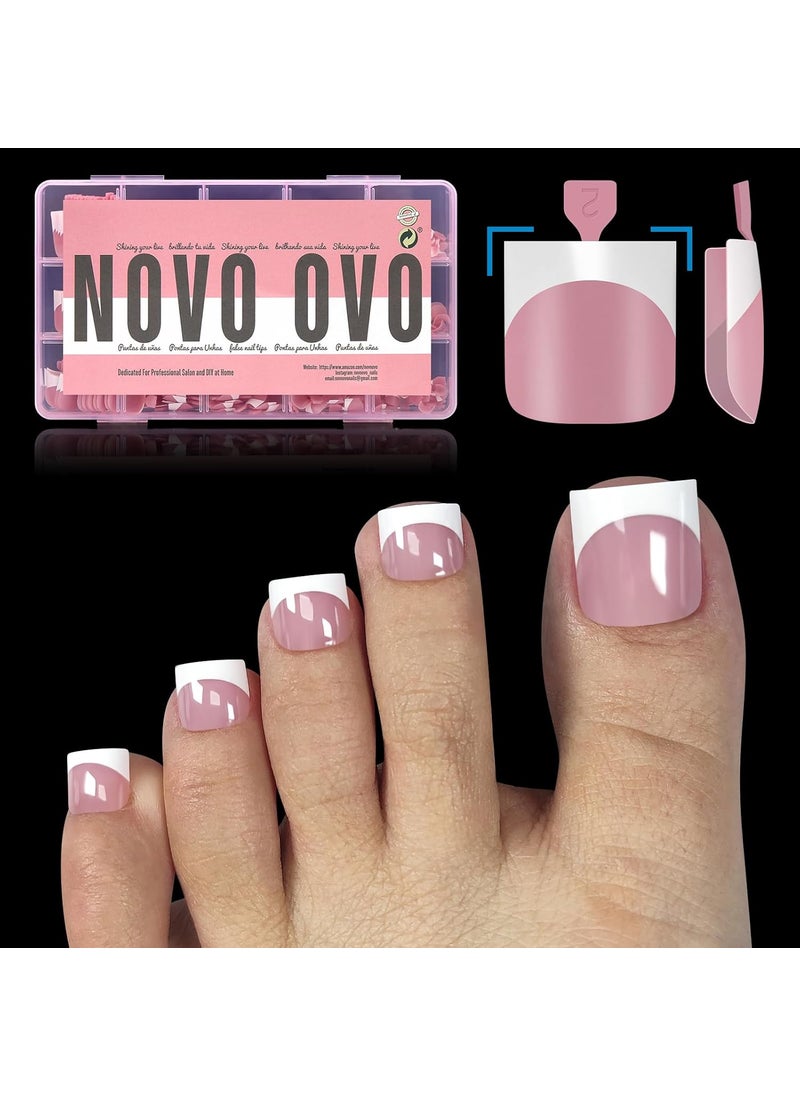 French Tip Toe Nail Tips Press on, Sharp Square Pre-Designed Soft Gel False Toenail Extension, BERRY PINK Pre-applied Tip Primer & Base Coat, Full Cover Acrylic for DIY x 15 Sizes 240 pcs
