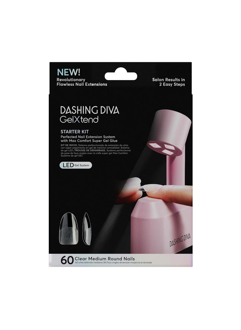 Dashing Diva GelXtend Starter Kit - Clear, Medium Round - Press On Nails with LED Lamp - Lasts Up to 14 Days - Clear, Customizable Gel Nails - No-Soak, Easy Removal - Gel Nail Tips