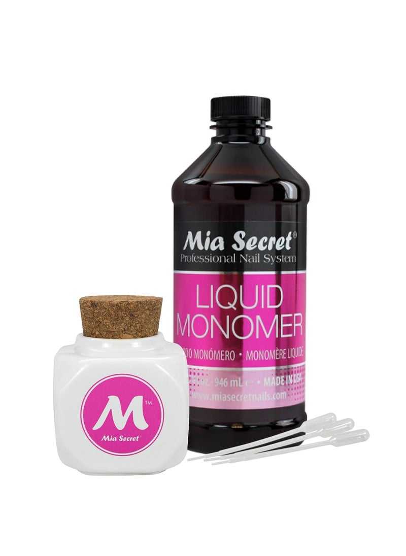 Mia Secret Acrylic Liquid Monomer 8 Oz. White Dappen Dish with Soft Wooden Cap and Dropper - Strong Adhesion, Non-Yellowing formula, MMA Free, Use for Young or Old Nails,