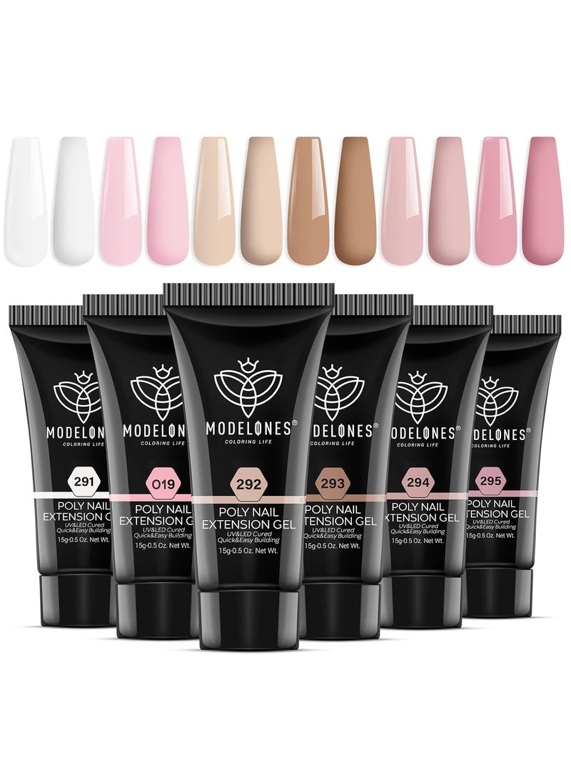 modelones Poly Extension Gel Kit for Nail, 6 Colors Pink Nude Collection Poly Nail Gel Set Builder Gentle Colors French Manicure DIY Design Home Salon