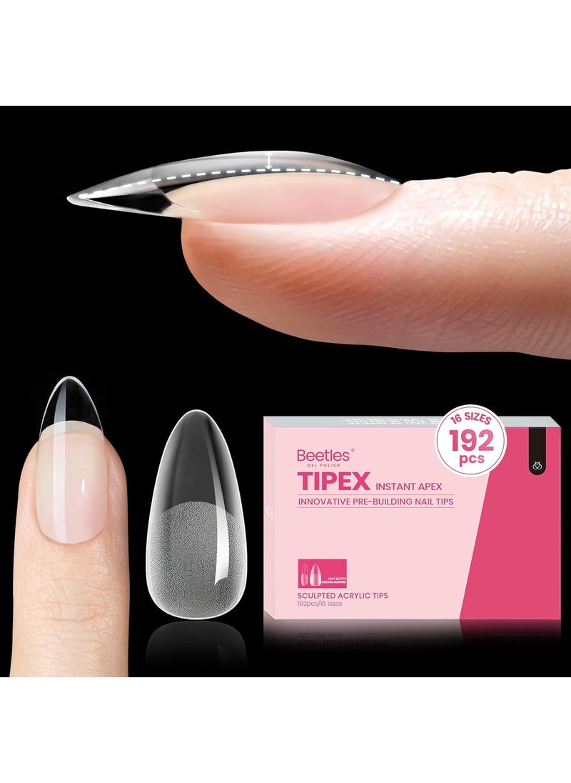 Beetles Tipex Instant Apex Nail Tips Almond Medium, Pre-Etched Pre-Building Strong Thick Acrylic,16 Sizes,192 Pieces