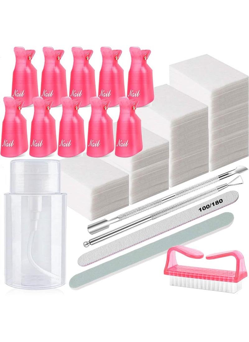 Nail Polish Gel Remover Tools Kit, Soak Off Cap Clip, 200ml Dispenser Bottle, UV Gel Polish Cuticle Pusher, 600 PCS Cotton Pads, Handle Brushes, 100/180 Nail File, Buffer Block, Finger Separators