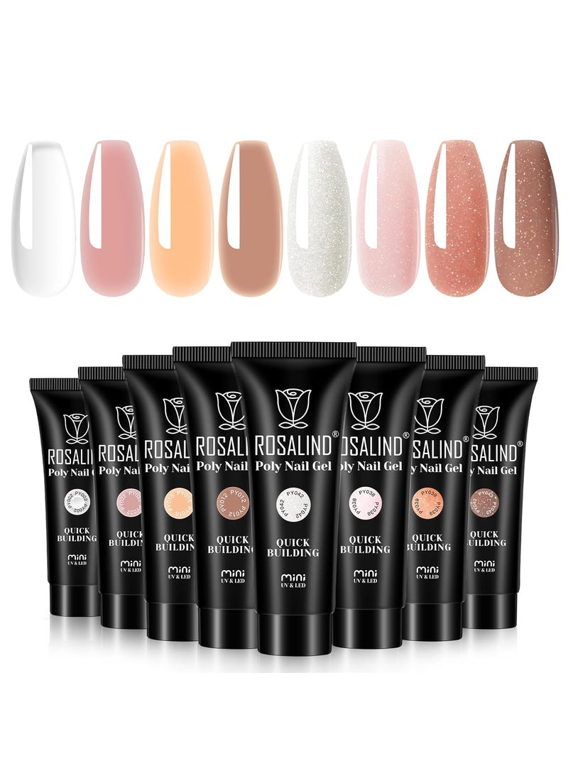 ROSALIND Poly Nail Gel Set, 8 Colors 10g Clear Nude Poly Extension Gel Nail Set, Glitter Shiny Poly Nail Gel Kit Builder Gel Extension Kit for Nail Art Design Easy DIY Gift for Women