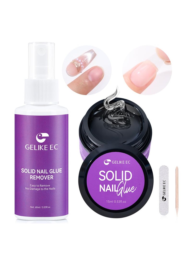 Gelike EC Solid Nail Glue Gel 15ml with Remover 60ml, Nail Glue Kit for Press on Tips