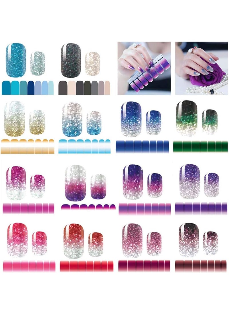 14 Sheets Nail Stickers Glitter Gradient Color Shine Full Wraps Polish Stickers Decal Strips Self-Ashesive Nail Art Sets for Women Girls