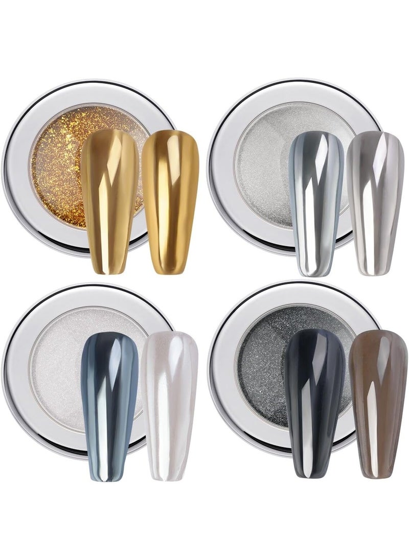 PrettyDiva Chrome Nail Powder Set- 4 Jars Chrome Powder Nail Art Mirror Effect Metallic Nail Chrome Powder, Gold Silver Black and White Pearl Chrome Powder Pigment for Nails