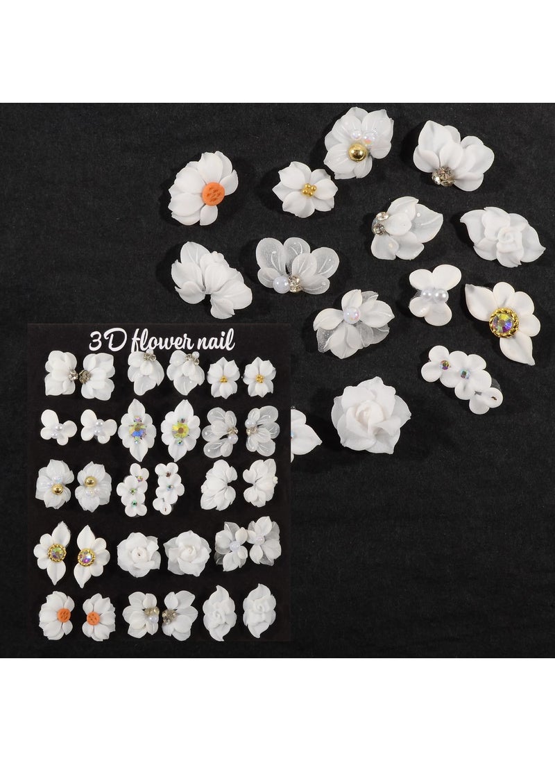 30PCS 3D Handmade Flower Nail Art Charms Advanced Handcrafted Cherry Blossom Flower Colorful Sculpted Floral Nails with Rhinestone Caviar Beads Design for Women Profession Nail Art Craft Jewelry