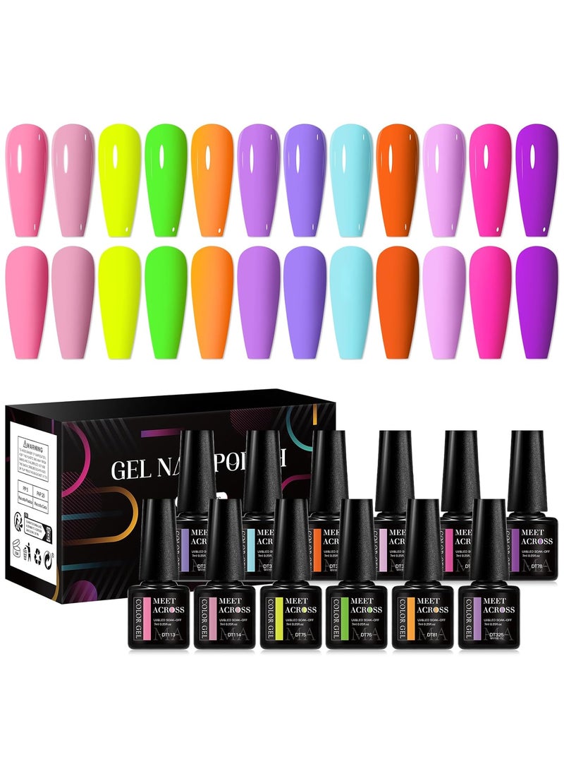 MEET ACROSS Neon Gel Nail Polish Set 12 Pcs Hot Pink Orange Yellow Green Blue Red Purple Fluorescent Spring Summer Nail Polish for Home DIY Manicure Nail Salon