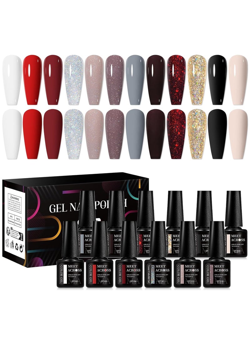 MEET ACROSS Black White Red Gel Nail Polish Set, 12 Colors Nude Grey Glitter Sliver Gold Red Gel Polish for All Seasons Soak Off Nail Art Lamp UV LED Cured Manicure Nail Gifts for Women