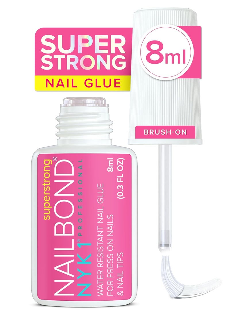 Super Strong Nail Glue for Press On Nails, Nail Tips & Acrylic Nails (8ml) NYK1 NailBond Brush On Glue for Press Ons, Fake Nails Tips & Acrylics - Long Lasting, Maximum Strength, Mess-Free Application