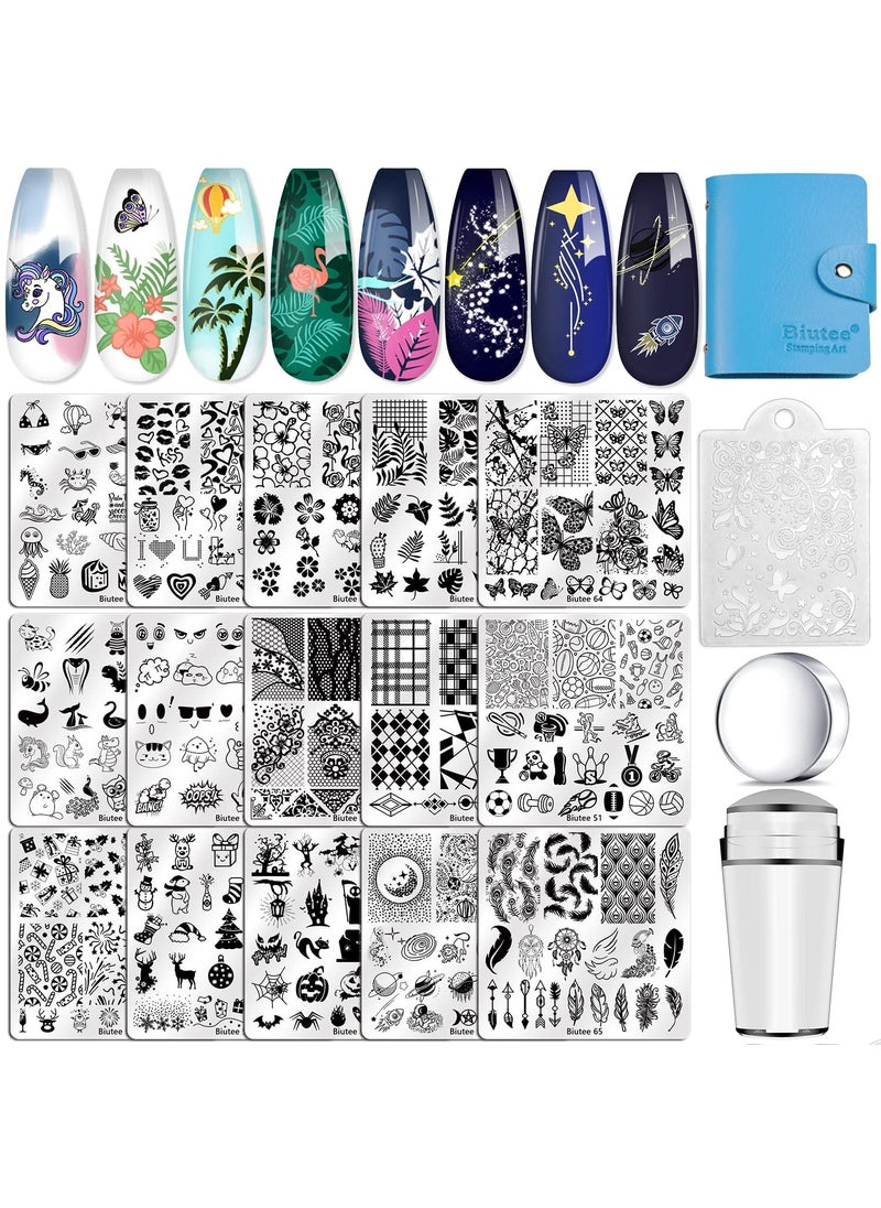 Biutee Nail Stamping Plates Set 15 pcs Nail Art Stamper Scraper Storage Bag Gift Box Nail Stamp Template Kit Lace Flower Butterfly Star Holiday Valentine Design Nail Image Plate