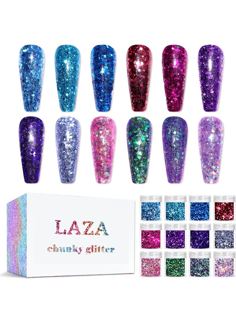 Laza 12 Colors Glitter Nail Art Acrylic Nails Powder Mixed Sequins Iridescent Flakes Ultra-Thin Paillette Sparkles Tips Chunky Box 120g for Face Eyes Body Hair Crafts Tumblers - Mermaid Princess
