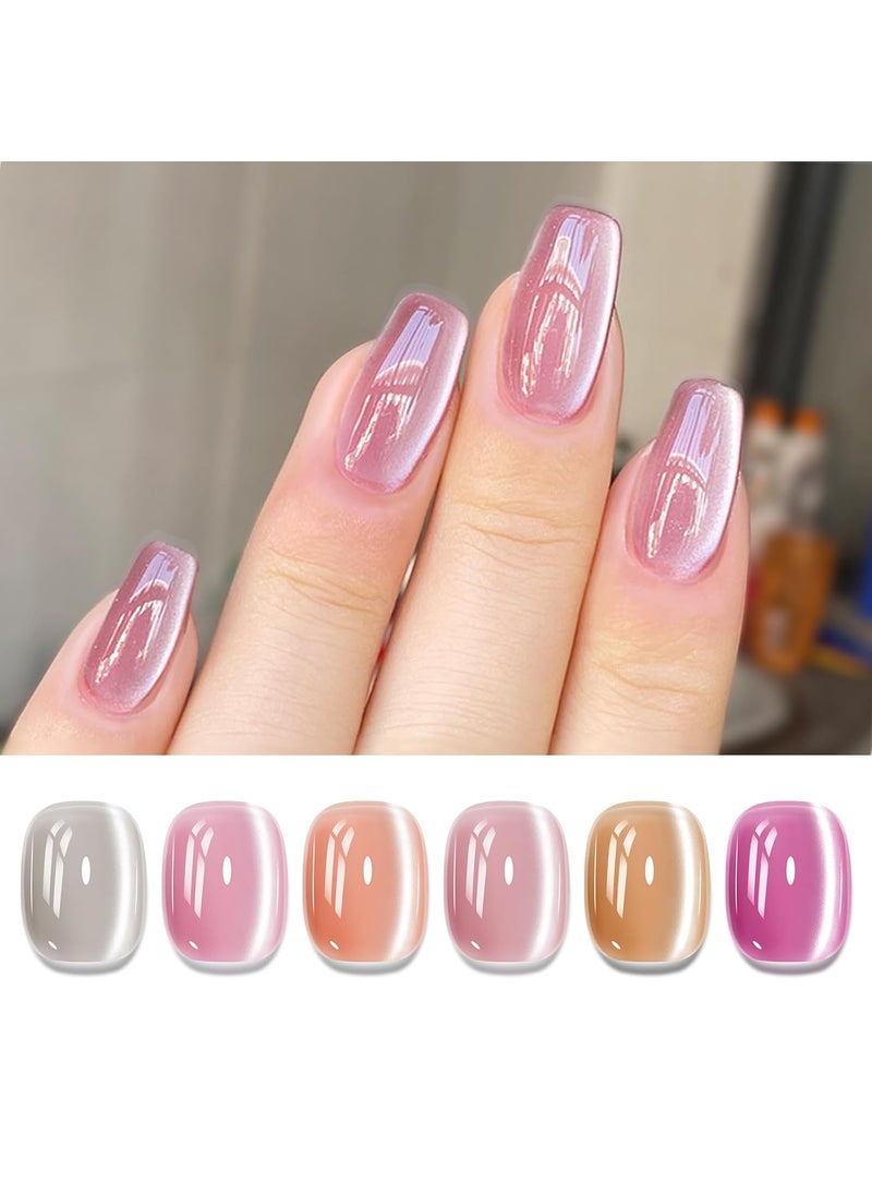 Cat Eye Gel Nail Polish Set of 6 Colors Moonlight Glass Cateye Magnetic Gel Shimmer Glitter with Magnet Pink Purple Gray Colors Cat Eye Effect Soak Off Nail Lamp Nail Art at Home