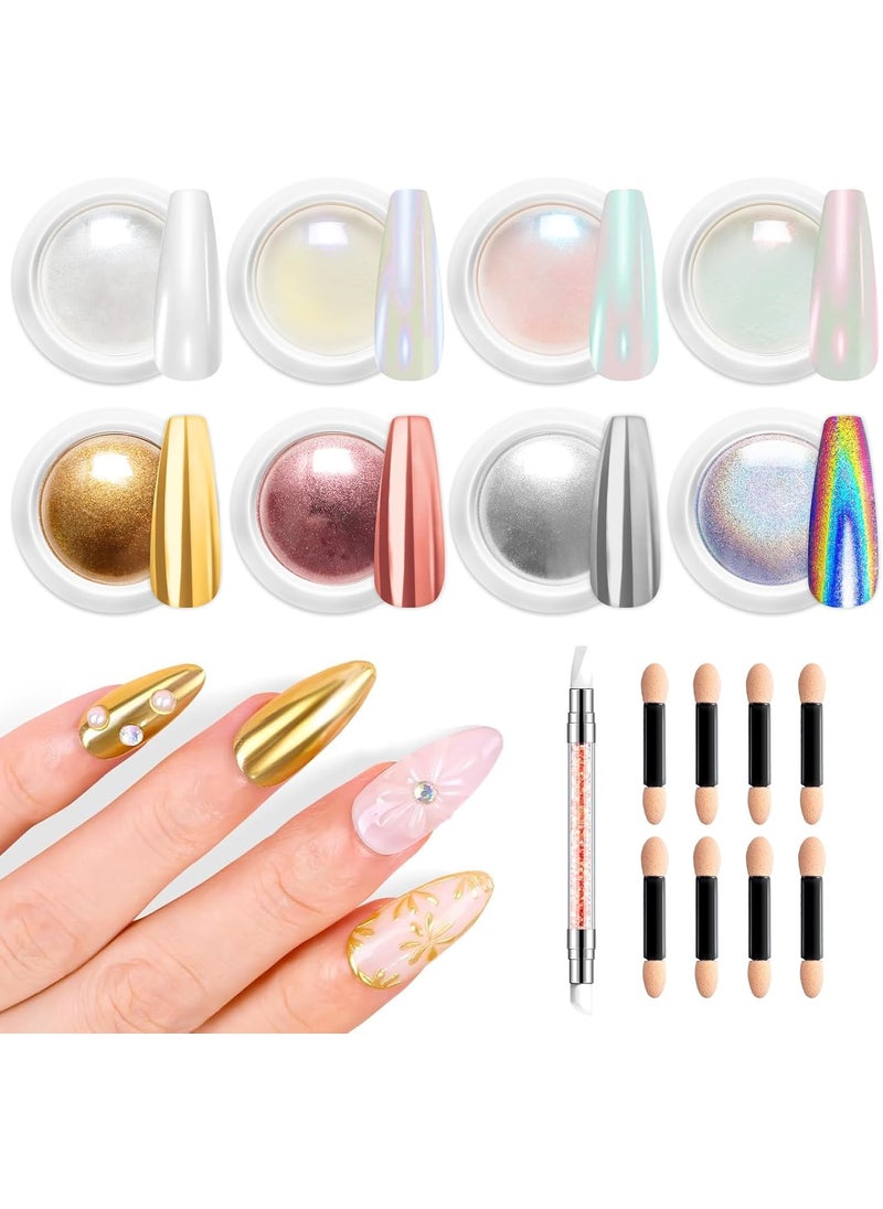 8Pcs Chrome Nail Powder BISHENGYF: Rose Gold Super Mirror Effect Nail Chrome Powder White Pearl Chrome Nail Powder with 1Pcs Silicone Nail Brush for Gel Nails DIY Gift for Women