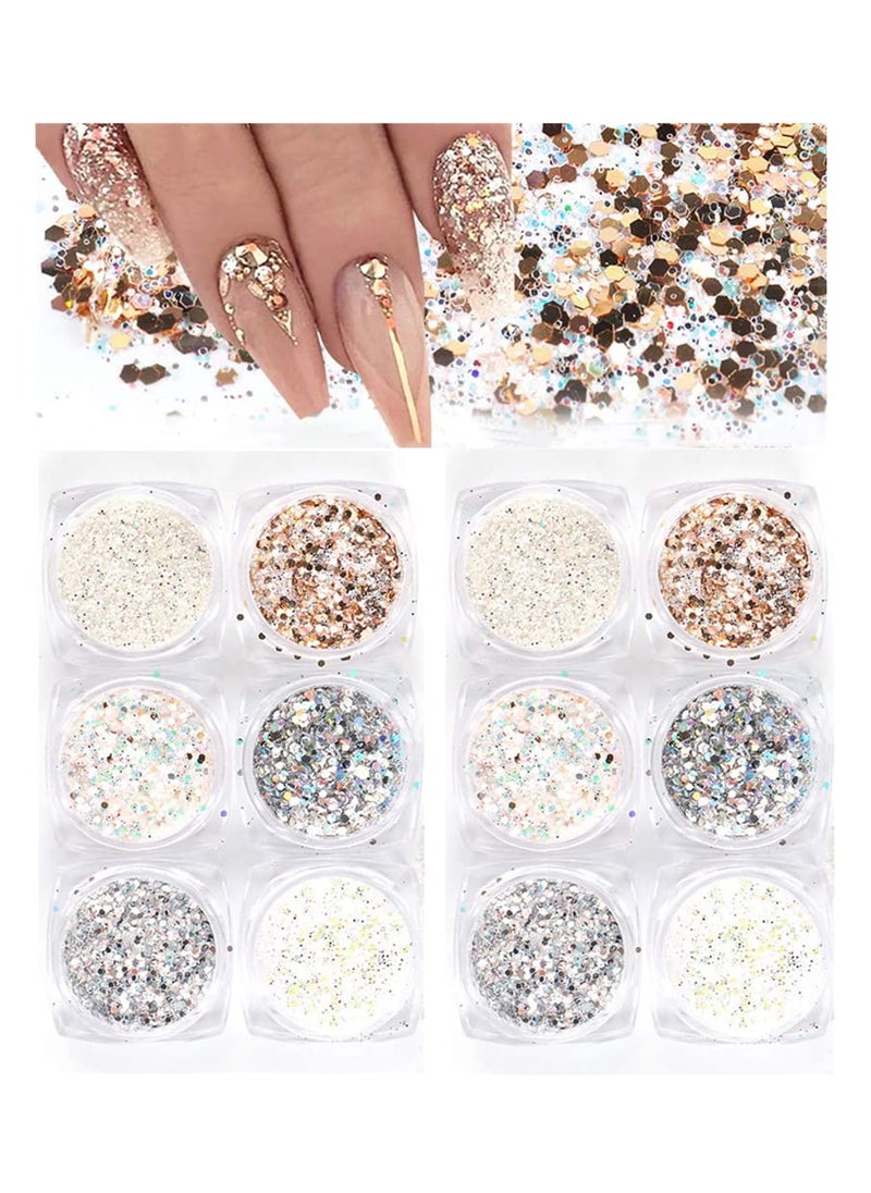 Holographic Nail Art Sequins Glitter Kits 12 Boxes 3D Nails Glitter Metallic Shining Flakes Acrylic Powder Dust Sequins for Nails Decoration Holographic Manicure Tips (Vintage Color-2set)