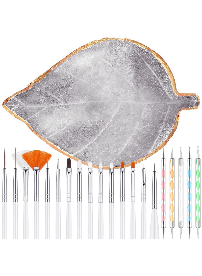 21 Pieces Nail Art Tools Kit, Resin Nail Art Palette Leaf Shape Mixing Palette and 20 Pcs Detail Brushes with Golden Edge Resin Holder Gel Polish Colors Mixing Pallet(Grey)