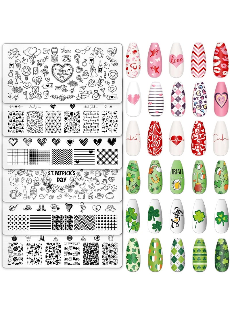 Whaline 6Pcs St. Patrick's Day Valentine Nail Art Stamping Plates Kit Love Heart Spring Shamrock Image Stamp Templates Nail Art Plates Set for DIY Print Manicure Salon Design