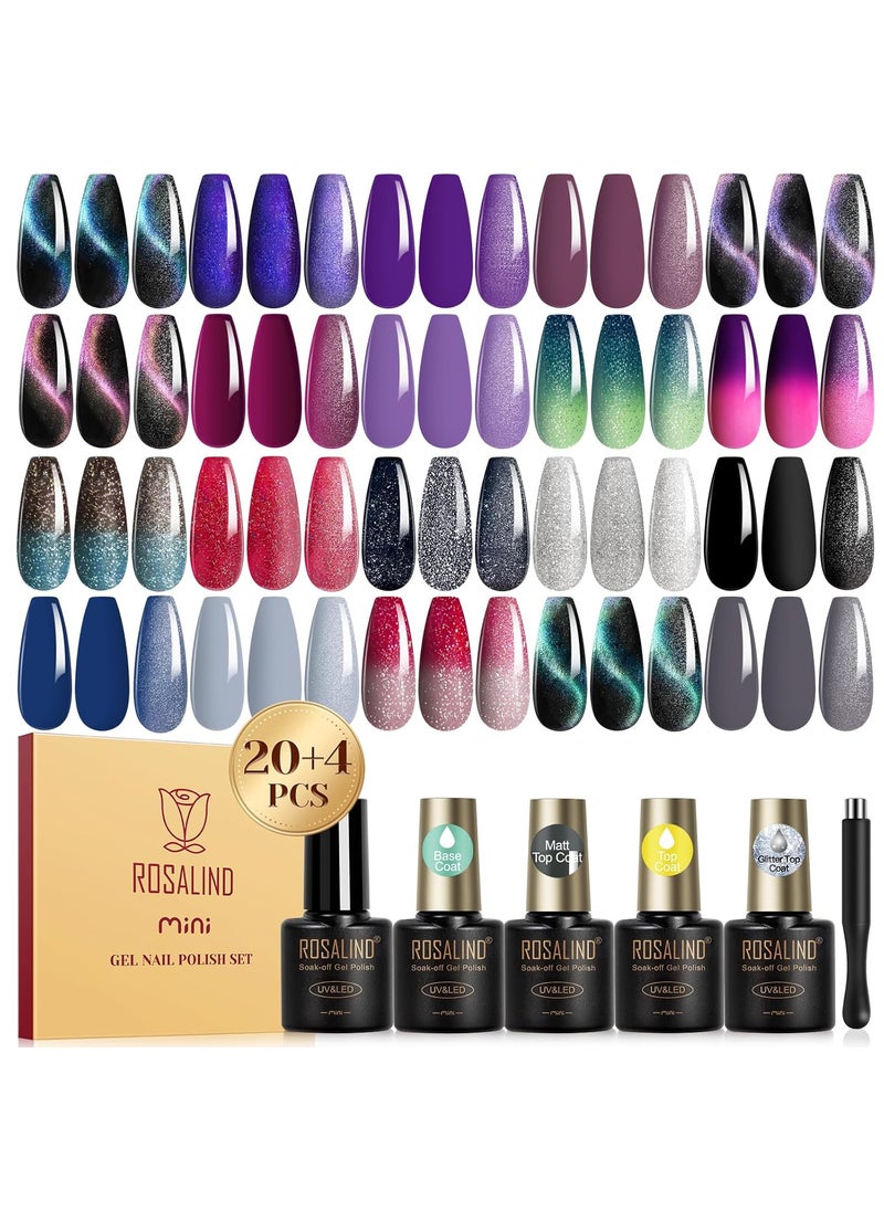 ROSALIND 24PCS Cat Eye Gel Nail Polish Set with Glitter Glossy Matte Top Coat Base Coat, Color Changing Glitter Shinny Effect Magic Gel Polish Set Soak Off Nail Gel Polish Nail Art
