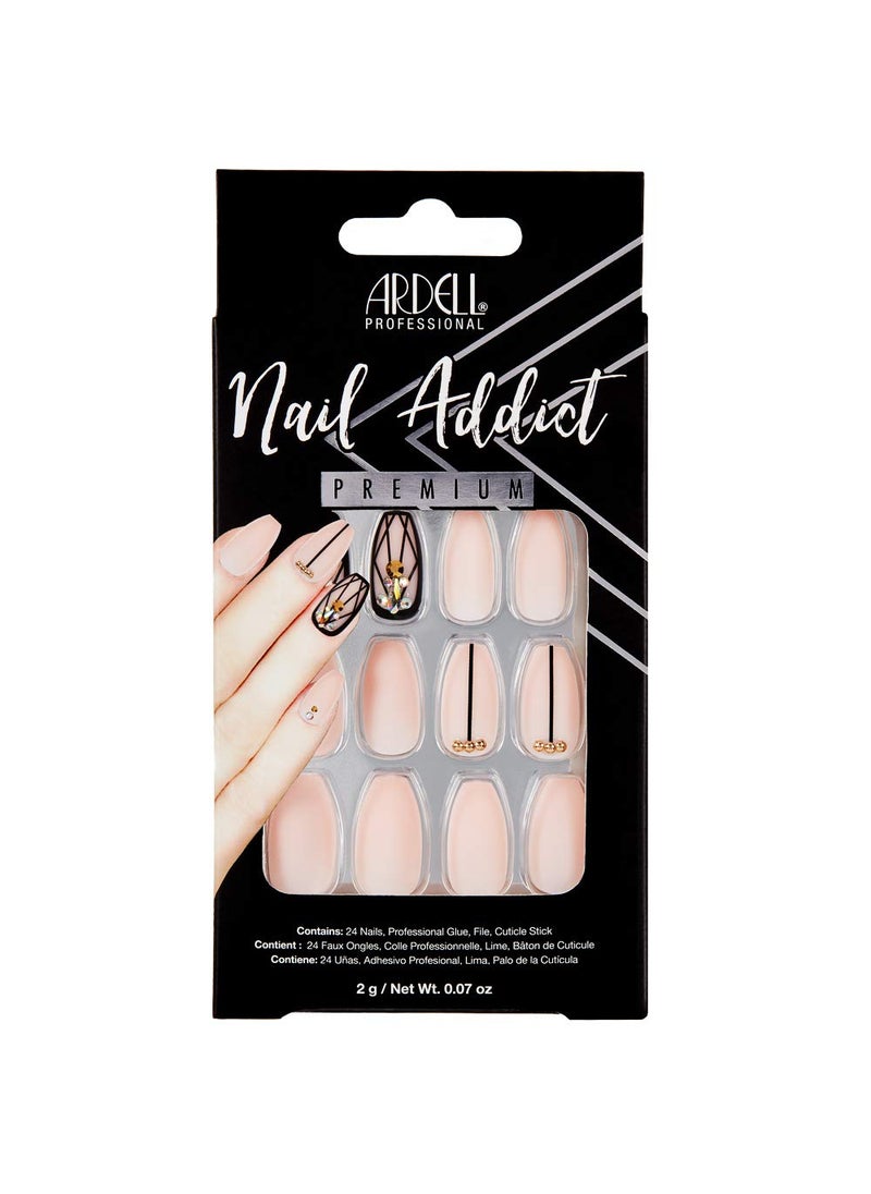 Ardell Nail Addict Premium Artificial Nail Set 24-Pc, Blush Geometric Crystals, Long-Length, Ballerina-Shape, DIY Press-On Nails, Quick and Easy to Use, with Glue, Cuticle Stick and Nail File