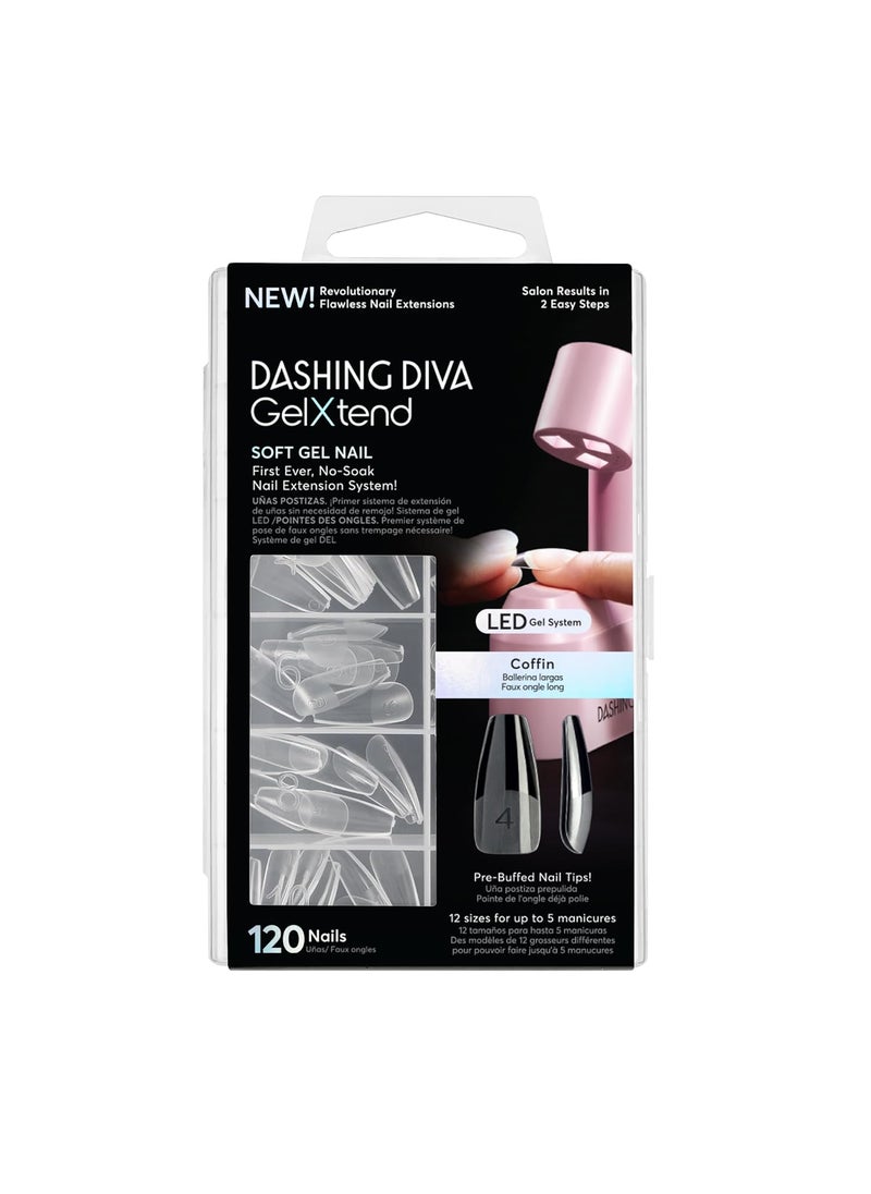 Dashing Diva GelXtend Nail Tips - Clear, Long Coffin - Press On Nails with LED Glue - Lasts Up to 14 Days - Clear