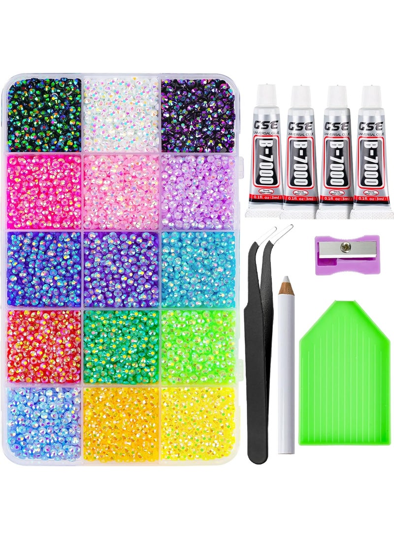 Canvalite 18000PCS Nail Rhinestones for Crafting, Multicolor 3mm Flatback Rainbow Gems, Bedazzling Crystal with 4Pcs 2.5g Jewelry Glue for DIY Crafts Clothing Shoes Nail Art,Stocking Stuffers Gifts