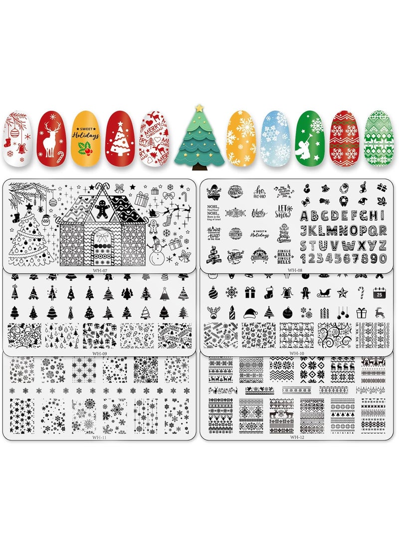 Whaline 6 Pieces Christmas Nail Art Stamping Plates Kit Christmas Tree Snowflakes Gingerbread Sweater Image Stamp Templates Holiday Nail Art Plates for Xmas DIY Print Manicure Salon Design Gift