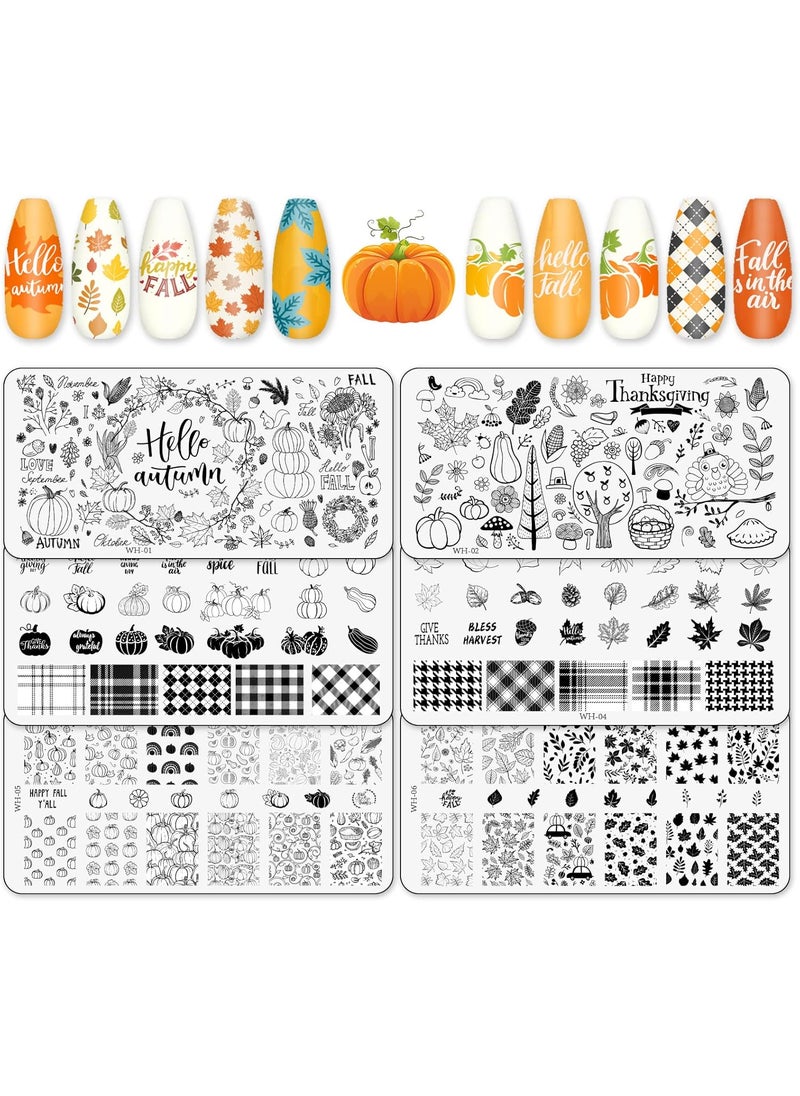 Whaline 6Pcs Fall Thanksgiving Theme Nail Art Stamping Plate Kit Various Pattern Pumpkin Maple Autumn Blessing Collection Nail Art Plate for Thanksgiving Day Nail Art Design DIY Print Manicure Salon