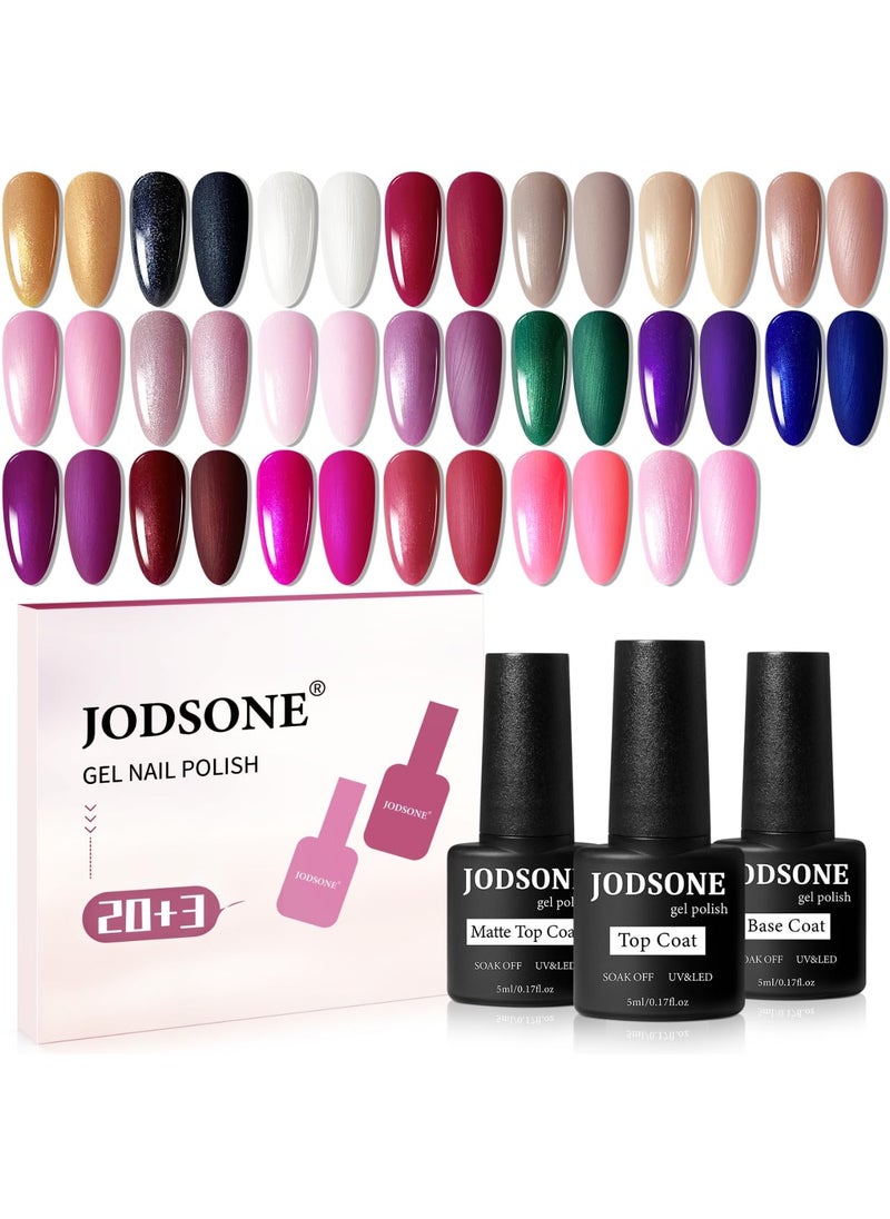 JODSONE 20 Glitter Color Gel Nail Polish Kit 3 Bottles of No Wipe Base Coat Glossy and Matte Top Coat Gel Polish Set High Shine Gorgeous