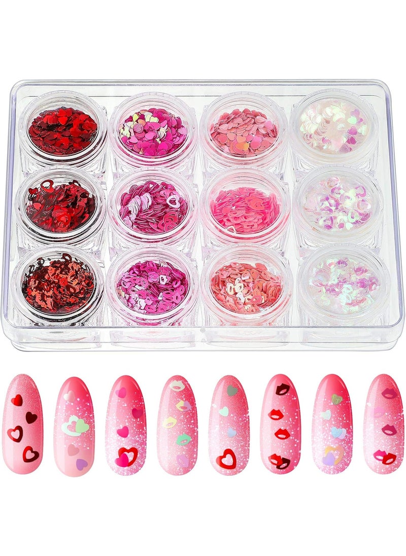 12 Boxes Valentine's Day Nail Glitter Heart Nail Sequins Holographic Red Pink Heart and Hollow Heart Lip Sequins 3D fingernail Laser Flakes for Women Girls Makeup fingernail Decoration(Vivid Color)