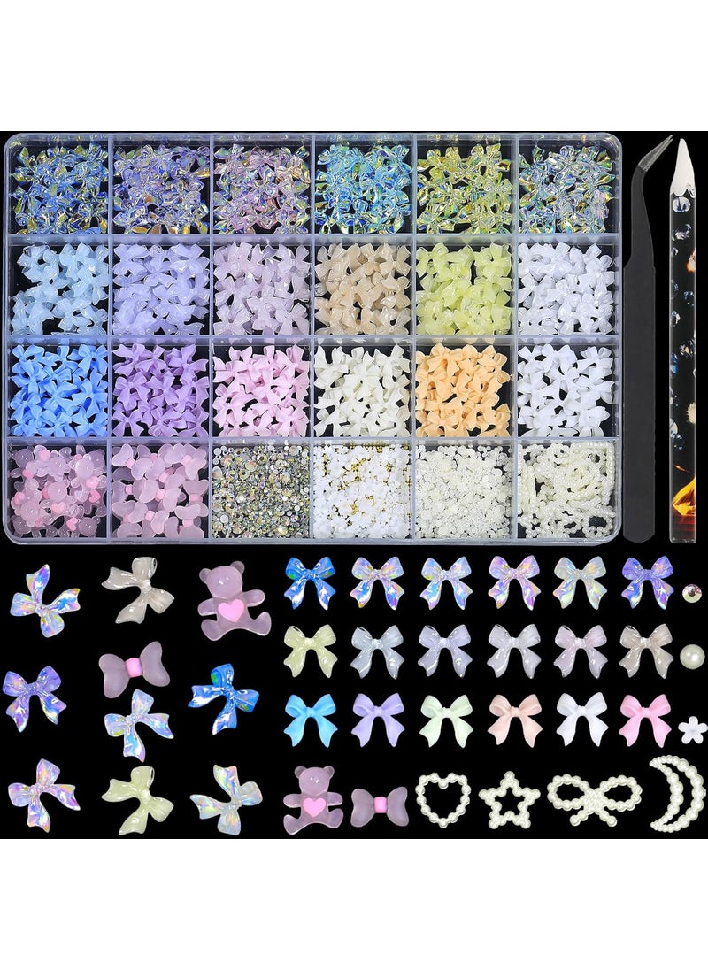 HNUIX Bow Nail Charms for Nails - Colorful Bow-Knot, Bear Manicure DIY Crafts, Flat Back Pearls 1600 Pieces Nail Decoration Kit