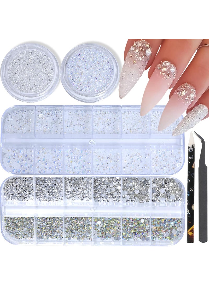 HNUIX Nail Rhinestones and Pearls Nail Charms, 4Box Crystals Nail Gems, Rhinestones, Pearl for Nails, 3D Bling Nail Decoration Accessories, with Wax Pencil and Tweezer