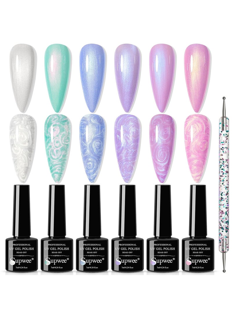 Pearl Gel Nail Polish, 6 Colors, Pearl Shell Swirl Effect, Mermaid Nail Polish, Shimmer, Long Lasting, Non-Toxic, UV LED Manicure, Salon Quality, Ideal Gift for Women