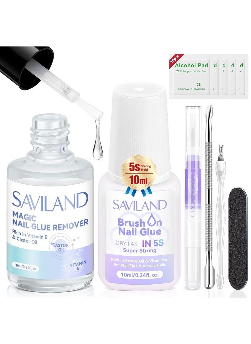 SAVILAND Nail Glue Remover With Nail Glues Cuticle Oil Pen for Press On Nails Glues 5s Dry Super Strong, Castor Oil VE Fast & Gentle for Acrylics