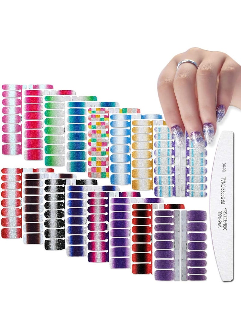 WOKOTO 16 Sheets Gradient Adhesive Nail Polish Decals Strips with 1Pc Nail File Glitter Nail Art Stickers Wraps Manicure Accessories